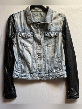 Talula Two-Tone Denim Jacket with Black Faux Leather Sleeves Size M